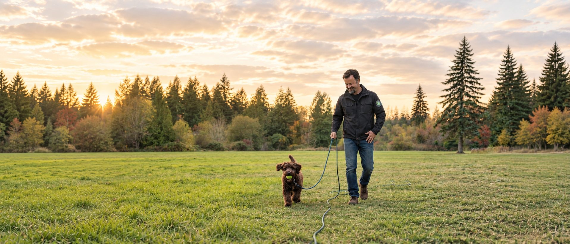 Sean walking a puppy on a long line in a grassy field at sunset